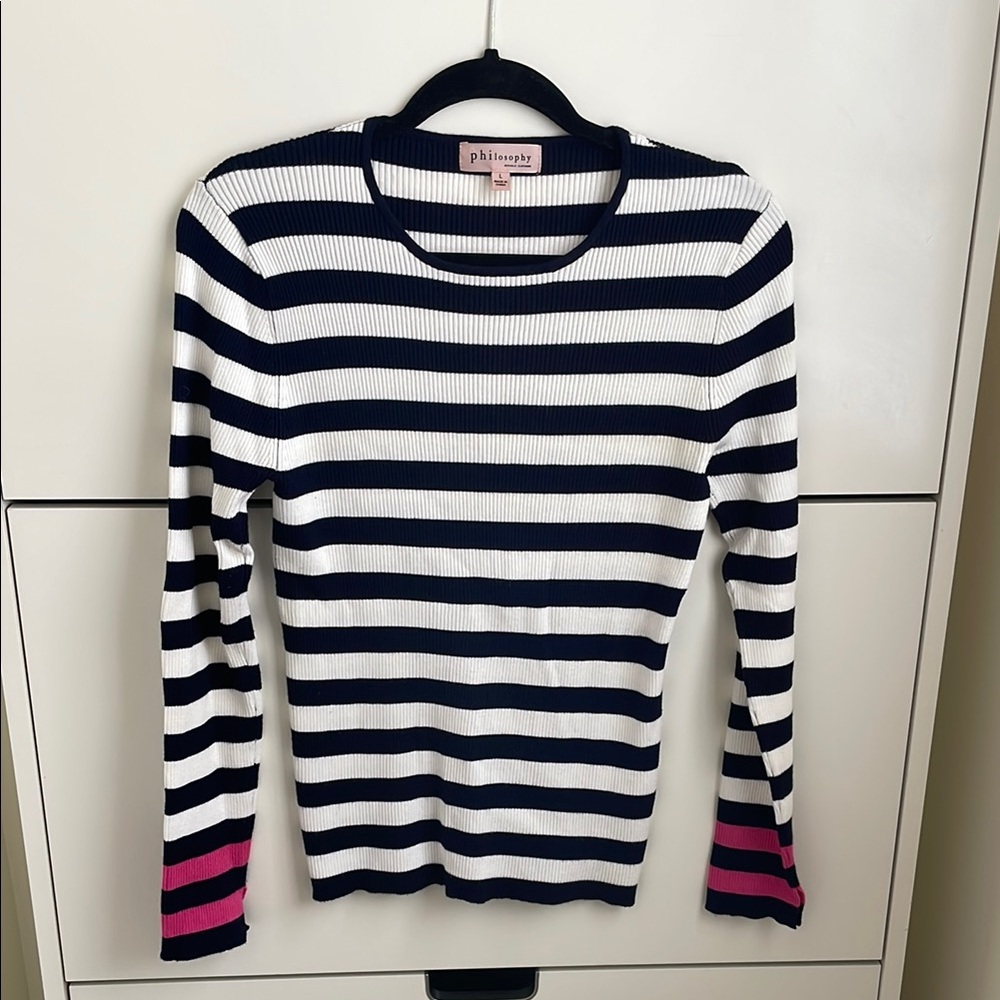 Philosophy Navy and White Striped Sweater with Pink Detail
